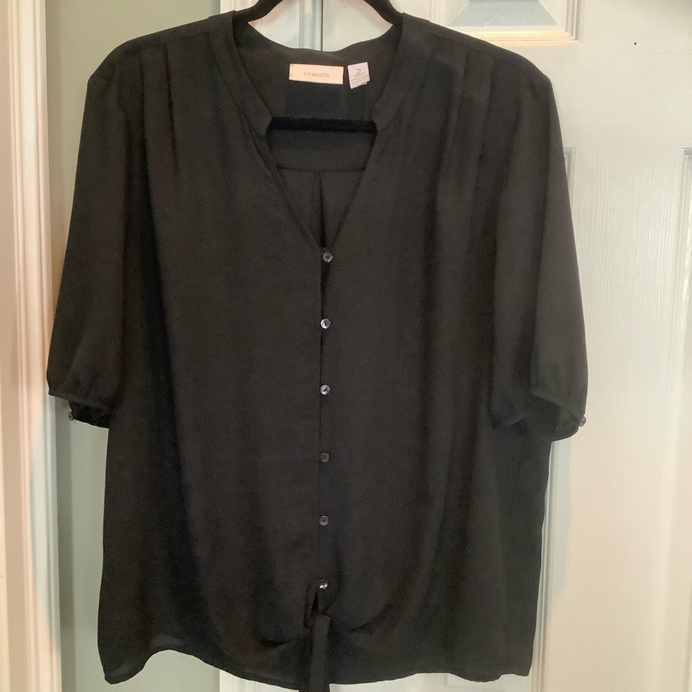 Chico's Black Buttoned Tie Front Blouse with Mandarin Collar